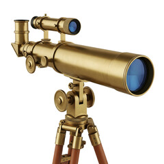 Antique brass telescope on a wooden tripod isolated on transparent background