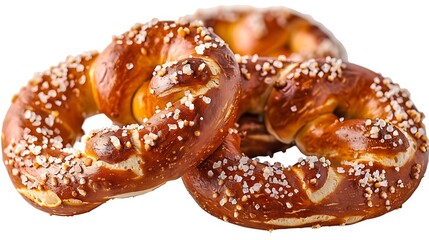 A close up shot of three pretzels with salt sprinkled on top against a white background studio shot
