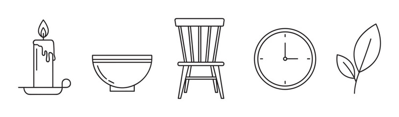 Minimalist black outline icons featuring a burning candle, a simple bowl, a wooden chair, an analog clock, and a sprig with leaves, representing domestic life and simple living