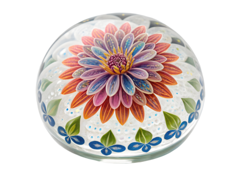 Beautiful glass paperweight with a colorful flower isolated on transparent background