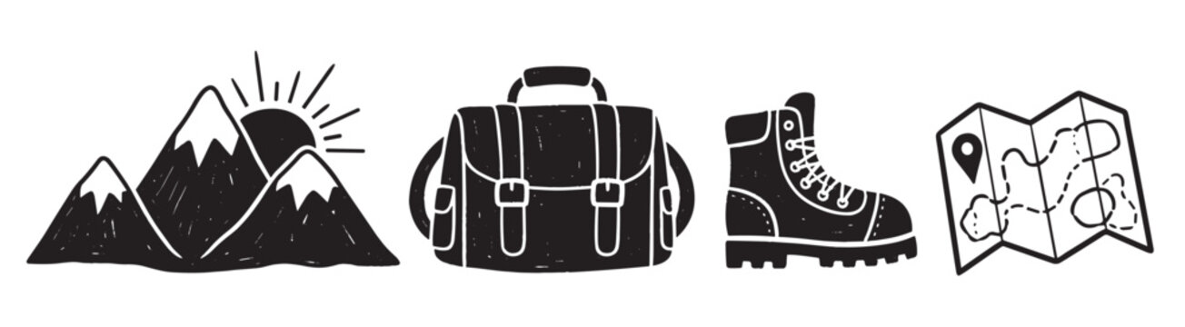 A set of four black and white hand-drawn icons for hiking and adventure, including mountains, a backpack, a boot, and a map, in a simple linocut doodle style
