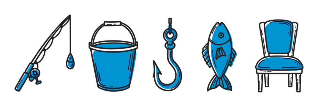 A collection of blue and black fishing equipment icons, including a fishing rod, bucket, hook, fish, and a folding chair, all drawn in a simple graphic doodle style