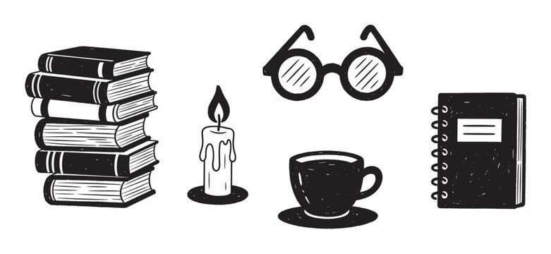 A charming set of hand-drawn doodle icons representing reading and knowledge, featuring a stack of books, round eyeglasses, a lit candle, a coffee cup, and a spiral notebook