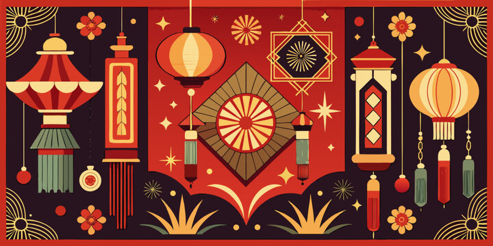 Chinese New Year greeting card background with traditional gold floral seamless vector pattern design illustration