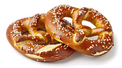 Two freshly baked pretzels with coarse salt on a white background ready to be served and enjoyed