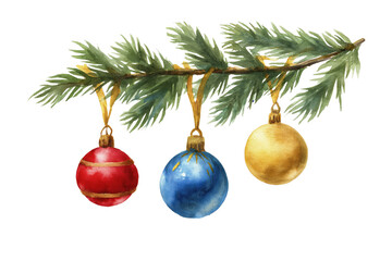 Hand Drawn Watercolor Christmas Baubles Hanging from a Branch. A festive decoration with three colorful ornaments, an isolated holiday illustration.