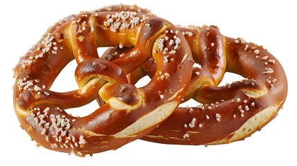 Two pretzels with salt on a white background showcasing their golden brown color and twisted shape