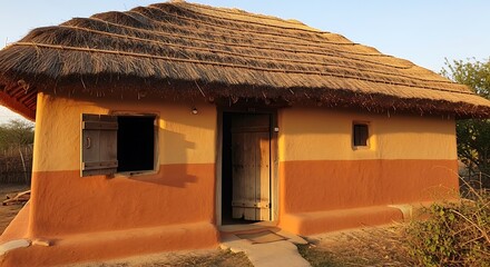 Traditional Mud Hut with Thatched Roof in Rural Setting.