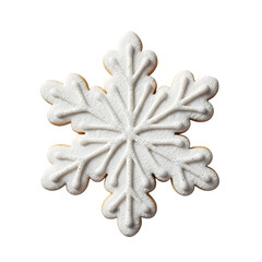 Obraz premium A delicate white snowflake cookie with textured icing is isolated on a transparent background, serving as a clean visual for holiday promotions.