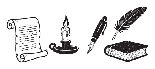 Set of antique writer and literature icons with a manuscript scroll, candlestick, ink pen, feather quill, and old book, illustrated in a classic monochrome doodle style © BraveSpirit