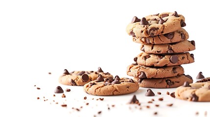 A stack of chocolate chip cookies with some cookies scattered on a white surface background