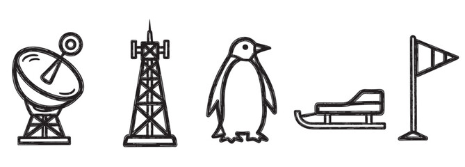 A series of monochrome, hand-drawn illustrations depicting elements of a polar research station, showing a satellite dish, transmission tower, penguin, sled, and a marker flag