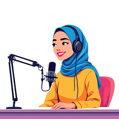 Vsai muslim woman wearing hijab broadcasting podcast program