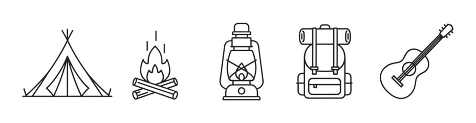 A set of minimalist black line art icons for camping and outdoor adventure, featuring a tent, campfire, lantern, backpack, and acoustic guitar in a clean, simple style