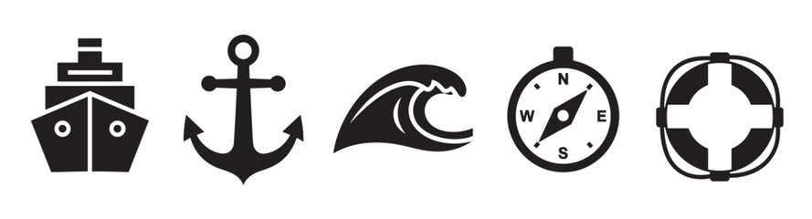 A minimalist set of five black nautical icons representing sea travel and navigation, featuring a ship, anchor, wave, compass, and a lifebuoy in a clean graphic style