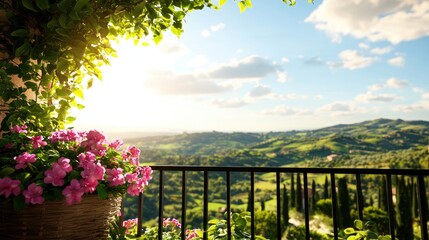 Obraz premium Stunning Landscape View from Balcony with Flower Pot and Sunlight