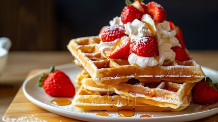 Stack of waffles topped with whipped cream strawberries and syrup on a white plate on a wooden board