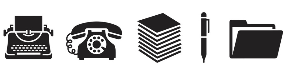 A set of black office icons including a typewriter, rotary phone, paper stack, pen, and file folder, symbolizing vintage business communication and documentation