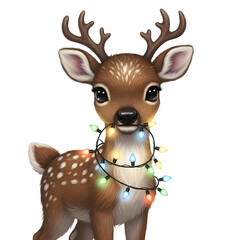 Cute reindeer holding lights, isolated on transparent background ultrarealistic