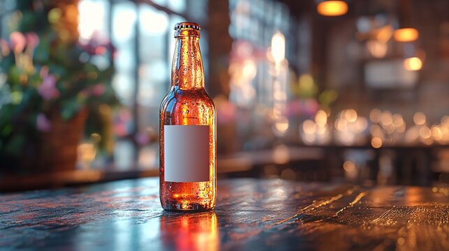 Beer bottle on bar, pub interior,  sunset light, blank label, mock-up