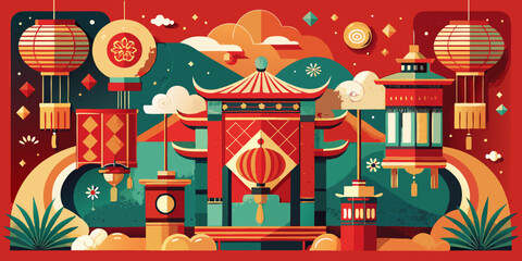 Traditional Asian temple architecture adorned with gold and a stylized Christmas tree on a holiday greeting card