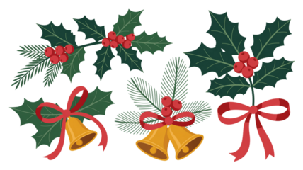 Charming holiday accents with holly berries, pine sprigs, and golden bells tied with red ribbons for festive designs and seasonal cheer, perfect for Christmas crafting