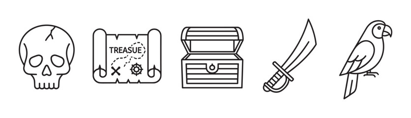 A collection of pirate adventure icons including a skull, treasure map, chest, sword, and parrot, all rendered in a clean and simple black line art style