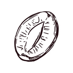 A slice of prunes, half a prune drawn by hand in ink and translated into a vector. Vector illustration for printing on food packaging, cosmetics, kitchen textiles.