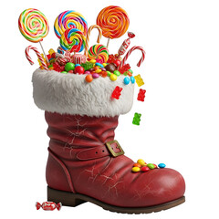 Santa boot filled with candy, isolated on transparent background ultrarealistic