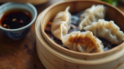 A close up shot of dumplings in a bamboo steamer with a bowl of dipping sauce on a wooden surface