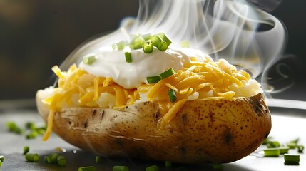 A steaming baked potato topped with cheese sour cream and chives on a dark surface close up view