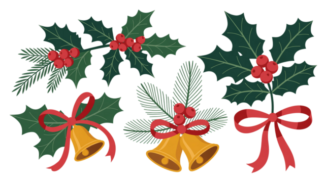 Charming holiday accents with holly berries, pine sprigs, and golden bells tied with red ribbons for festive designs and seasonal cheer, perfect for Christmas crafting