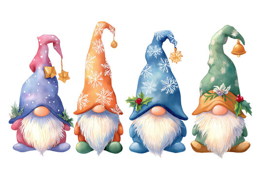Set of Four Winter Gnomes with Snowflake Hats Hand Drawn Watercolor