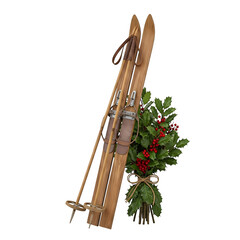 Vintage ski set with holly, isolated on transparent background ultrarealistic