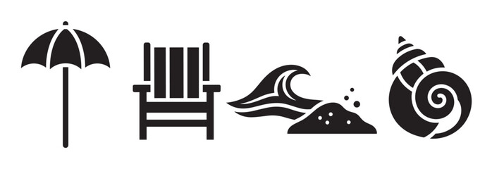 A collection of black silhouette icons representing a summer beach vacation, including a parasol, deck chair, ocean wave with sand, and a spiral seashell in a minimalist graphic style