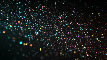 Obraz premium Floating golden stardust particles with soft glowing light on pure black background, high contrast isolated elements for festive design or video compositing