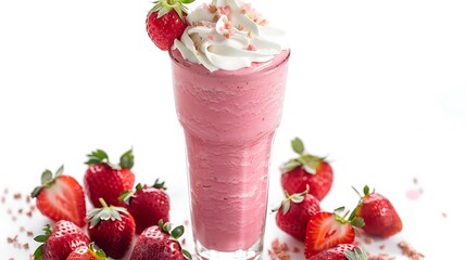 A pink strawberry smoothie with whipped cream and fresh strawberries on a white background display shot