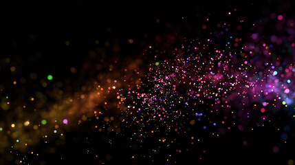 Obraz premium Floating golden stardust particles with soft glowing light on pure black background, high contrast isolated elements for festive design or video compositing