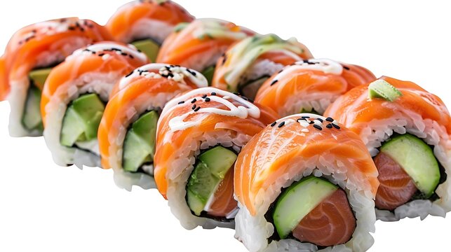 Close up of a row of delicious looking sushi rolls with salmon and avocado on a white background