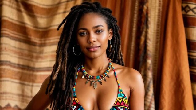 Beautiful Black Jamaican Woman with Dreadlocks Wearing Tribal Bikini in Boho Interior Setting