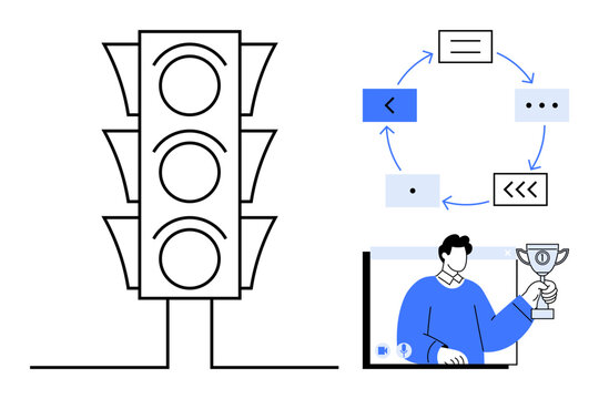 Traffic light outline alongside a cycle diagram showing workflow, progress, or communication. Person holding a trophy reflects success, goal achievement. Ideal for teamwork, productivity, motivation