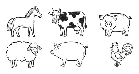 Obraz premium A charming collection of hand-drawn farm animals, including a horse, cow, pigs, sheep, and rooster, illustrated in a simple black and white doodle sketch style for children