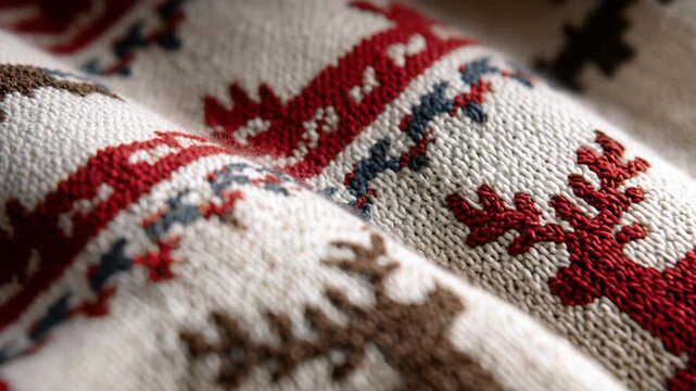 Closeup of Festive Knitted Fabric Featuring Reindeer and Snowflake Patterns in Warm Winter Colors