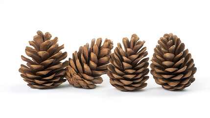 A collection of pine cones sit on a stark white background, displaying their natural brown hues and intricate scale patterns in sharp detail, inviting rustic charm.