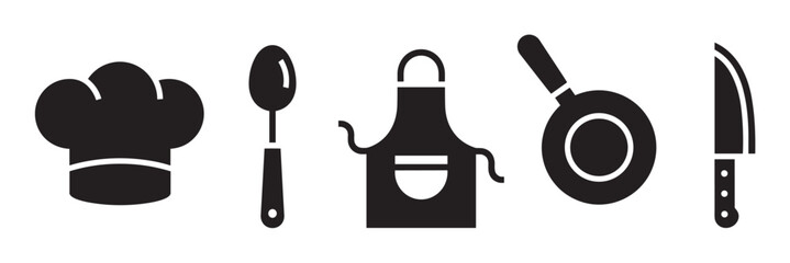 Minimalist black glyph icons representing a chef and kitchen tools, with a toque, spoon, apron, pan, and knife arranged horizontally for a culinary concept design