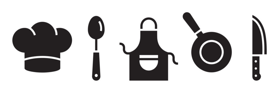 Minimalist black glyph icons representing a chef and kitchen tools, with a toque, spoon, apron, pan, and knife arranged horizontally for a culinary concept design