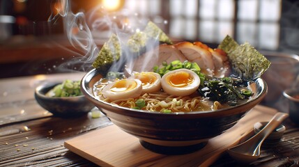 A steaming bowl of ramen with eggs pork seaweed and scallions on a wooden table with a spoon near it