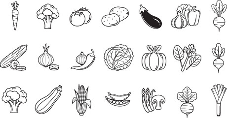Various Vegetables and Fruits Icons Vector Set Black and White Illustration