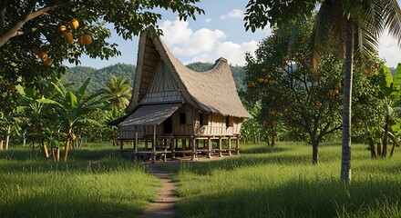 Traditional Indonesian House in Lush Tropical Landscape.
