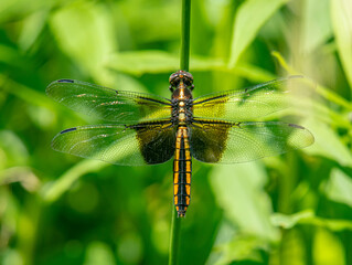 Female Widow Skimmer dragonfly perched in a grass meadow in a Driftless Area natural preserve near Wisconsin.
